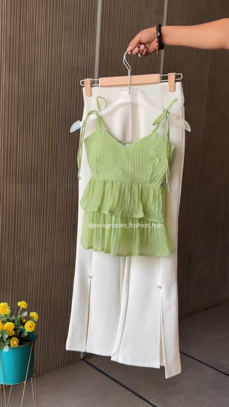 Chic Pleated Tiered Cami Top and Slit Trousers Co-ord Set – Available in Vibrant Pink, Pastel Blue, Sunny Yellow & Sage Green - Image 4