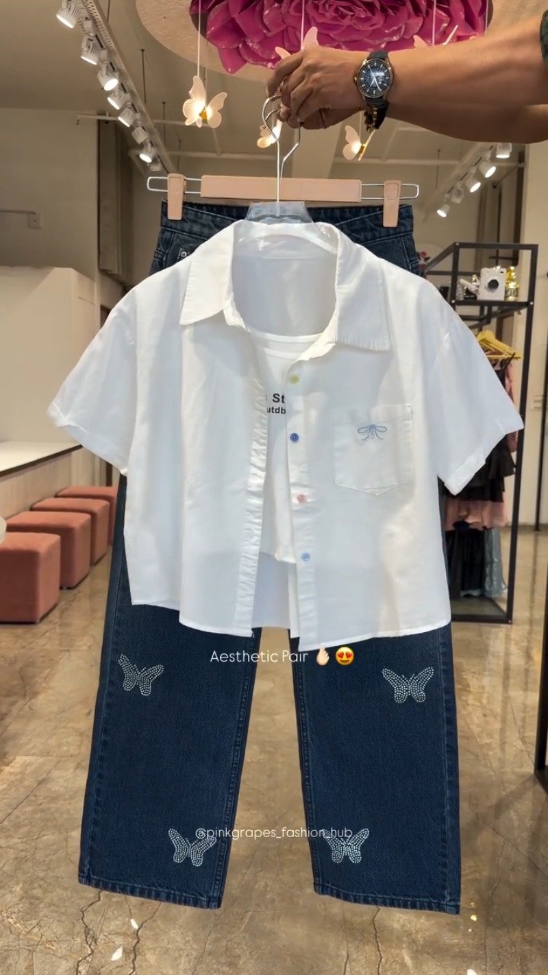 Chic Butterfly & Rhinestone Embellished Denim Co-ord Set – Available in White, Mint, Sky Blue & Lilac