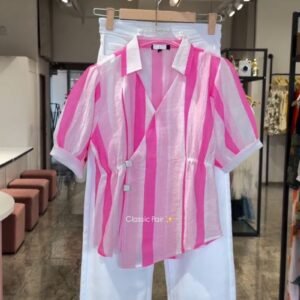 Classic Striped Wrap-Front Co-ord Set with Tapered Trousers – Available in Pink, Blue & Lime Green