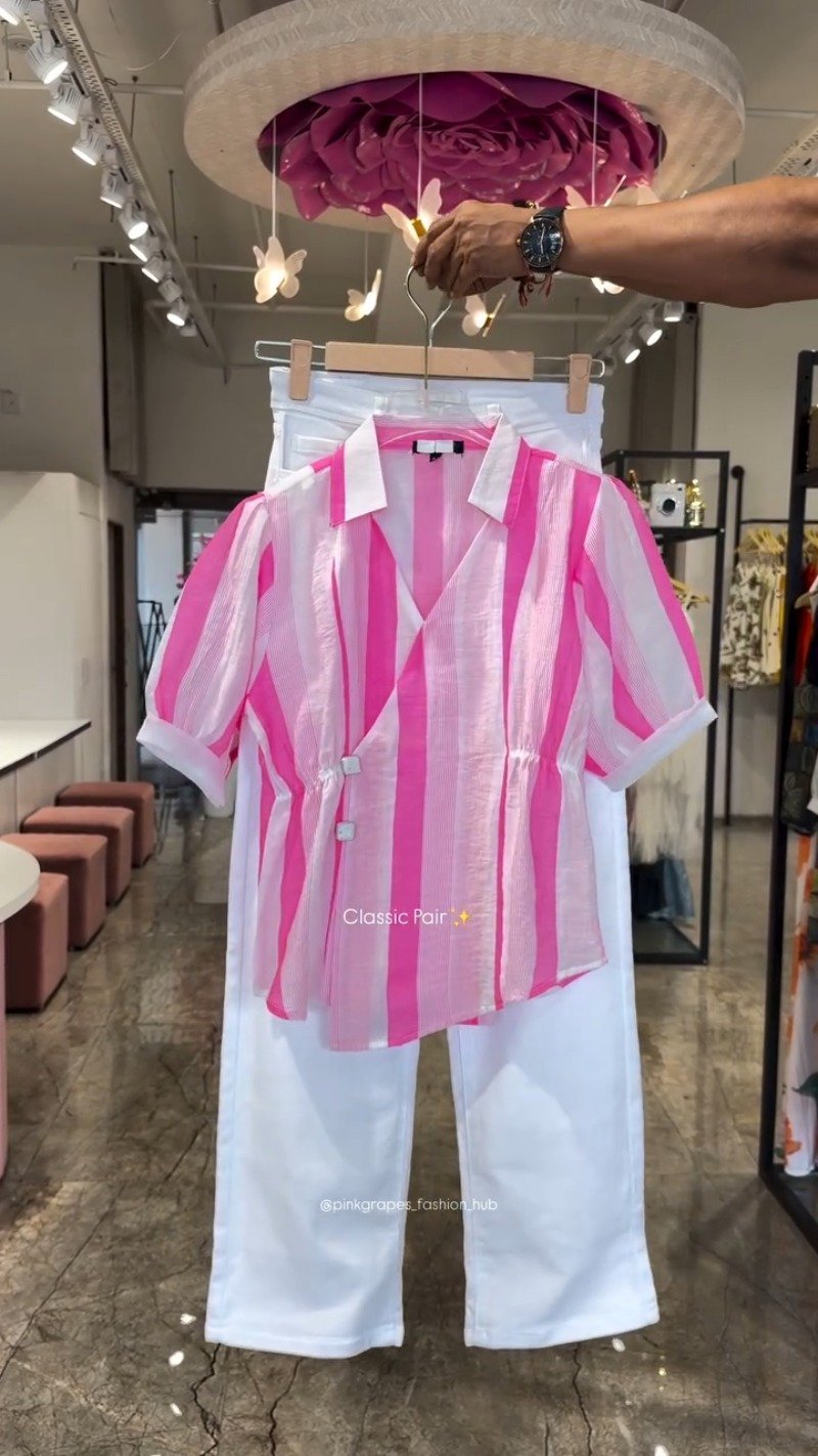 Classic Striped Wrap-Front Co-ord Set with Tapered Trousers – Available in Pink, Blue & Lime Green