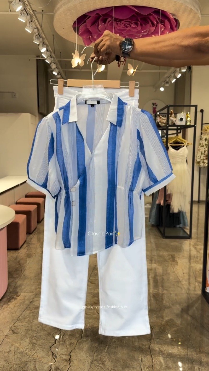 Classic Striped Wrap-Front Co-ord Set with Tapered Trousers – Available in Pink, Blue & Lime Green - Image 2