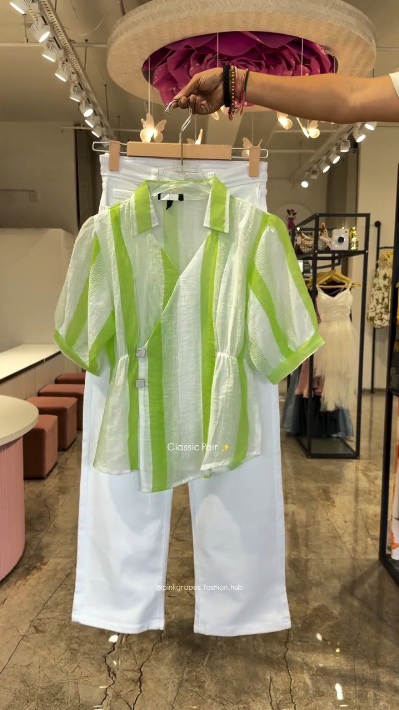 Classic Striped Wrap-Front Co-ord Set with Tapered Trousers – Available in Pink, Blue & Lime Green - Image 3