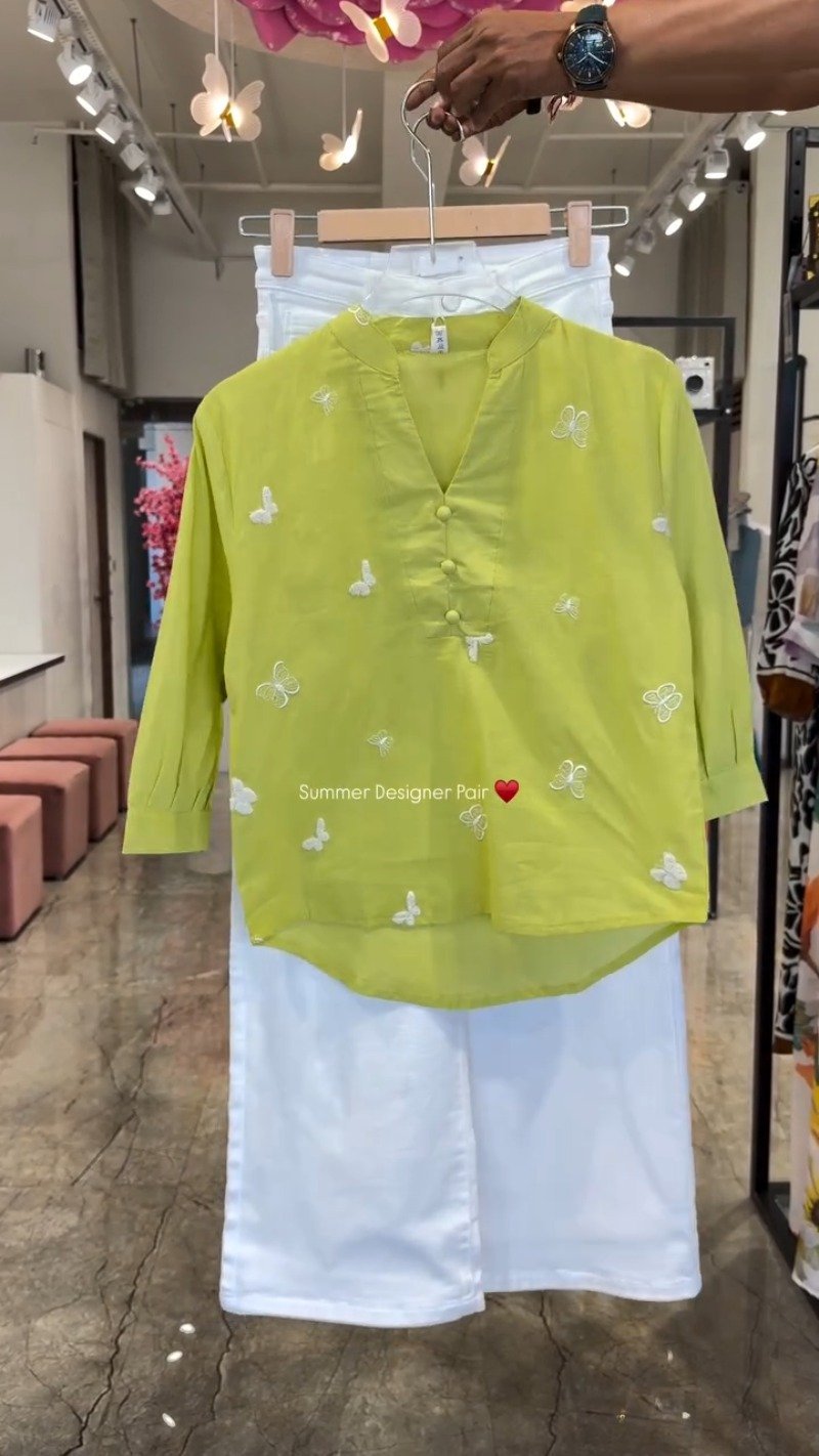 Butterfly Embroidered Cotton Kurta Set – Available in Lime, Hot Pink, Mocha Brown, Navy Blue & Orchid Purple