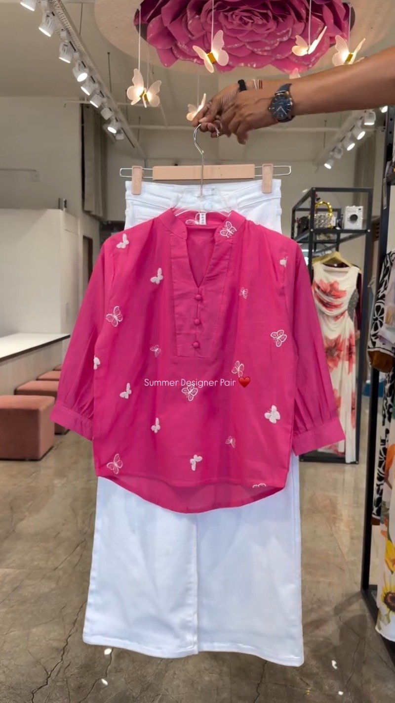 Butterfly Embroidered Cotton Kurta Set – Available in Lime, Hot Pink, Mocha Brown, Navy Blue & Orchid Purple - Image 2