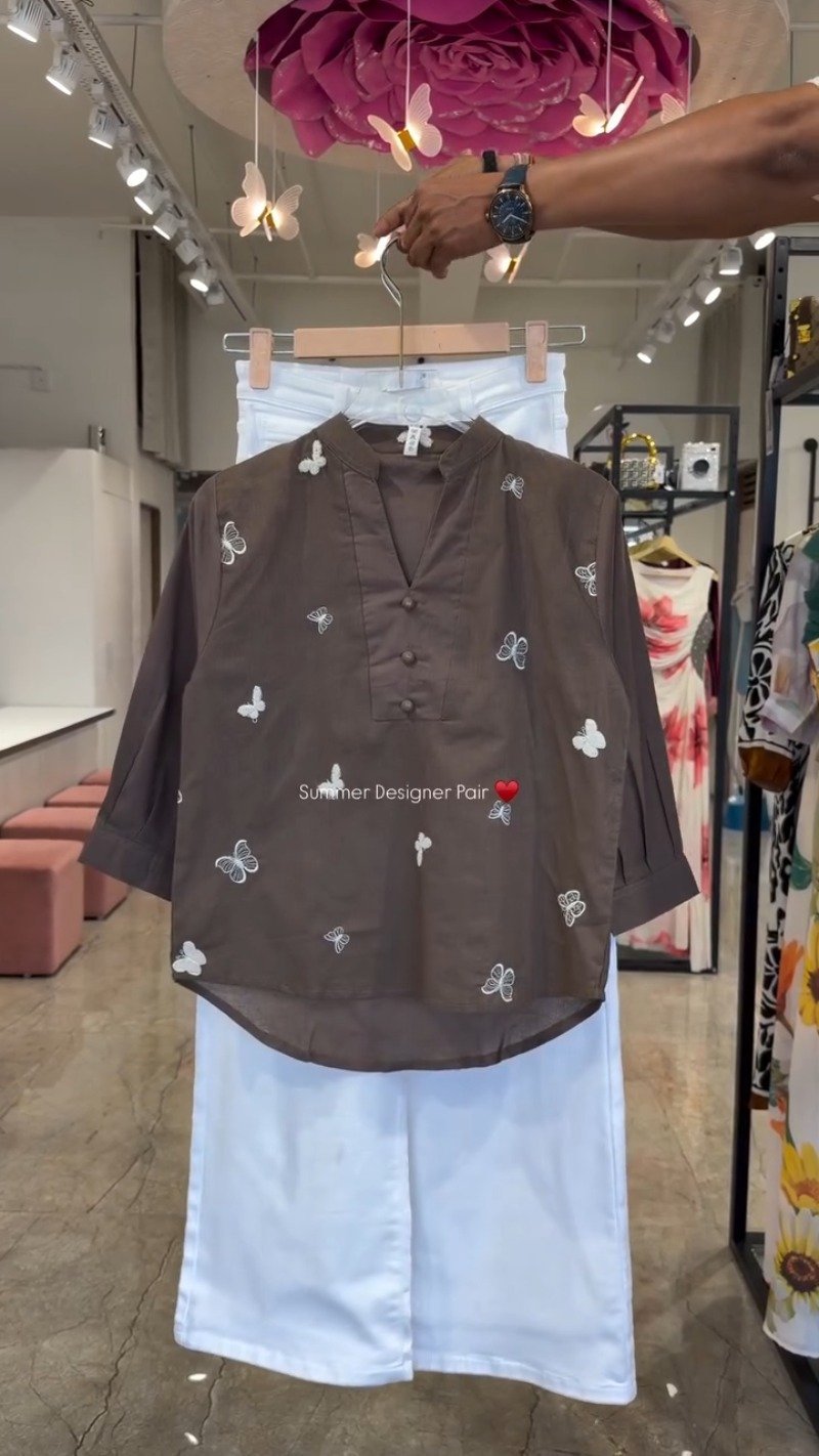 Butterfly Embroidered Cotton Kurta Set – Available in Lime, Hot Pink, Mocha Brown, Navy Blue & Orchid Purple - Image 3