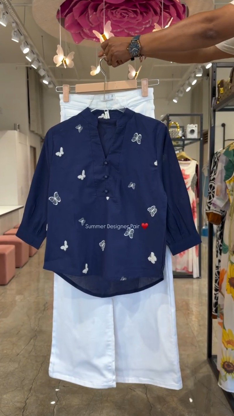 Butterfly Embroidered Cotton Kurta Set – Available in Lime, Hot Pink, Mocha Brown, Navy Blue & Orchid Purple - Image 4