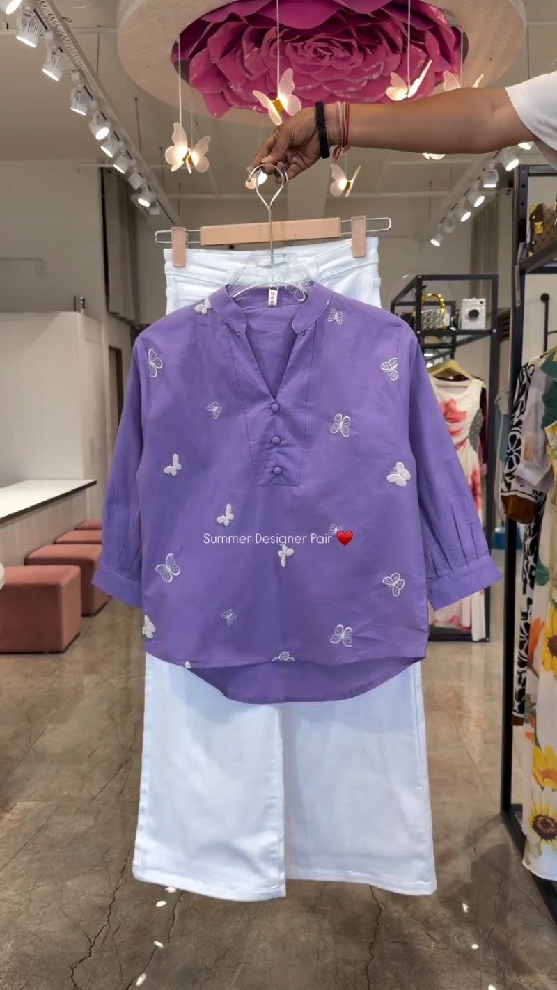Butterfly Embroidered Cotton Kurta Set – Available in Lime, Hot Pink, Mocha Brown, Navy Blue & Orchid Purple - Image 5