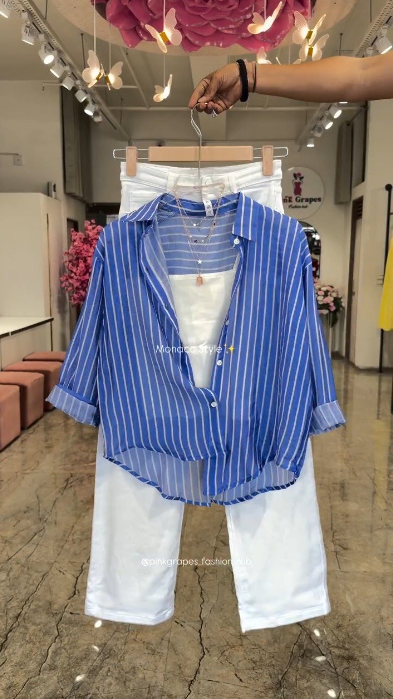 Monaco Breeze Striped Shirt and Trouser Co-ord Set – Available in Pink, Blue, Orange & Olive - Image 2