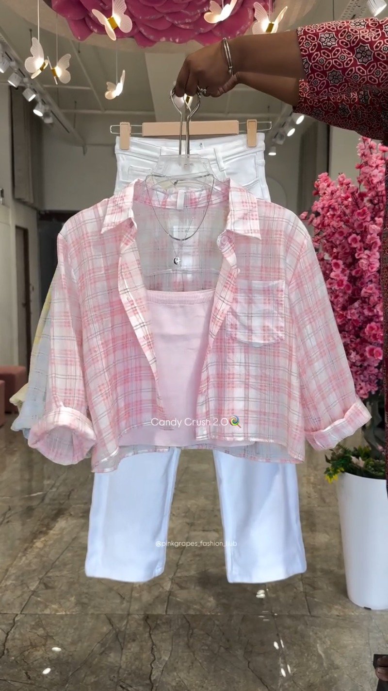 Pastel Plaid Layered Coord Set with White Trousers – Available in Pink, Blue, Yellow & Mint