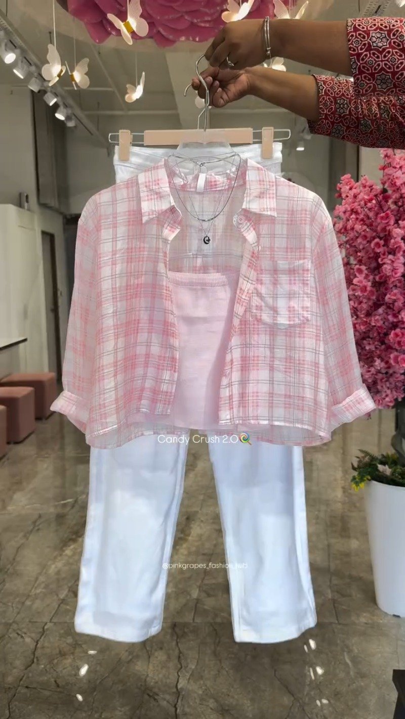 Pastel Plaid Layered Coord Set with White Trousers – Available in Pink, Blue, Yellow & Mint - Image 2