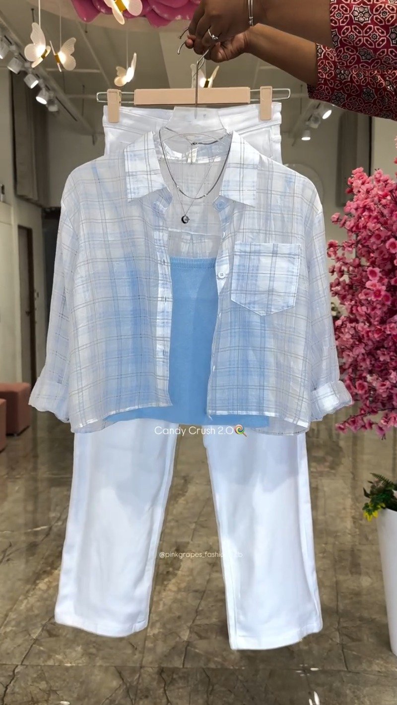 Pastel Plaid Layered Coord Set with White Trousers – Available in Pink, Blue, Yellow & Mint - Image 3