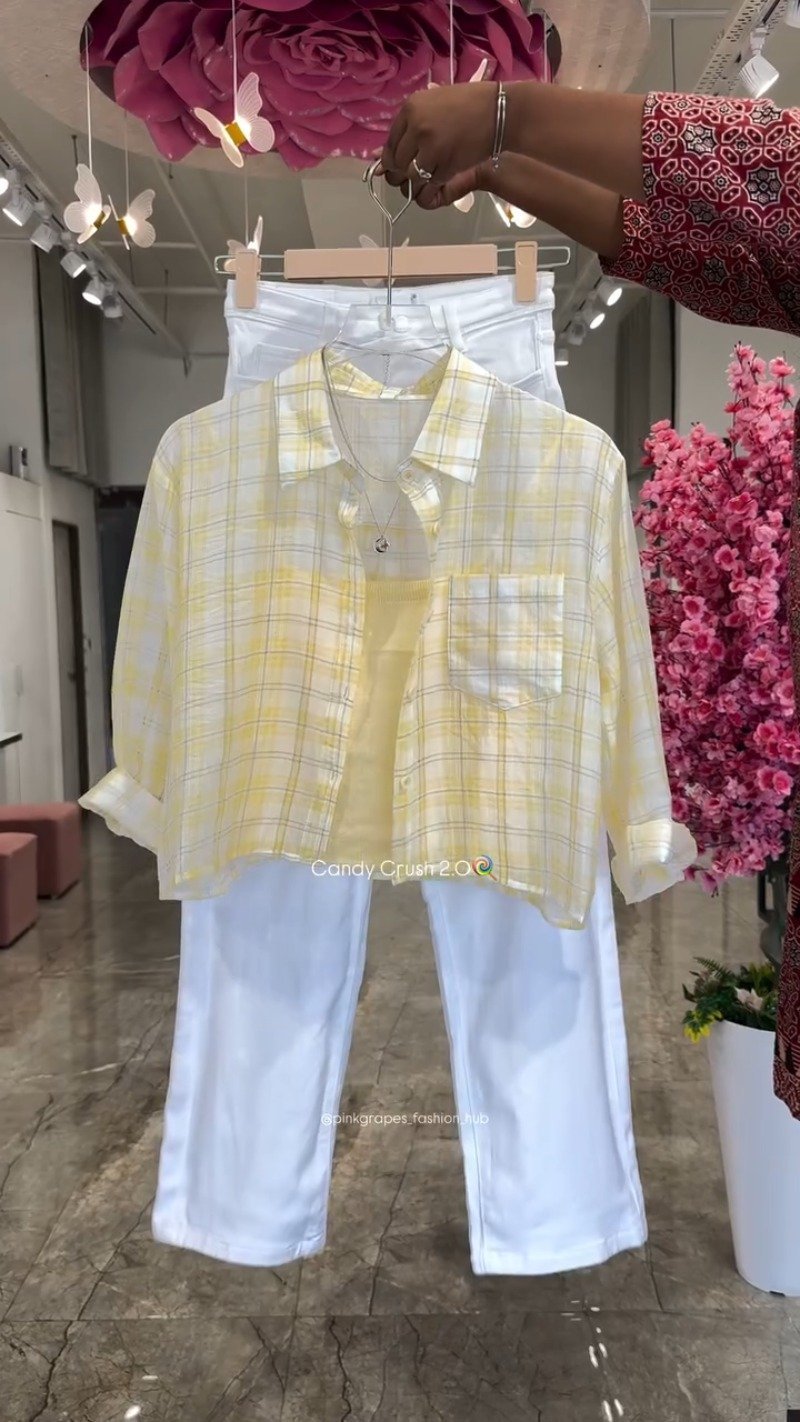 Pastel Plaid Layered Coord Set with White Trousers – Available in Pink, Blue, Yellow & Mint - Image 4