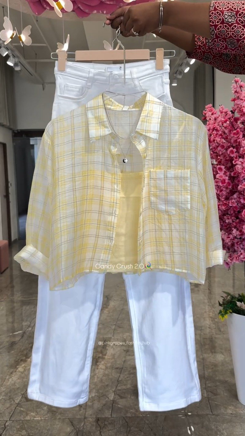 Pastel Plaid Layered Coord Set with White Trousers – Available in Pink, Blue, Yellow & Mint - Image 5