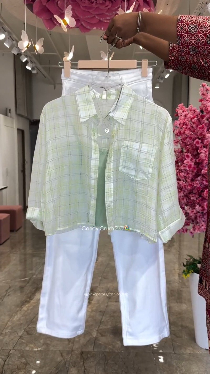 Pastel Plaid Layered Coord Set with White Trousers – Available in Pink, Blue, Yellow & Mint - Image 6
