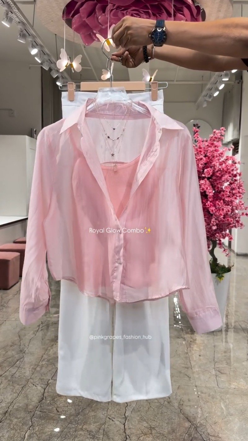 Royal Glow Organza Shirt & Pant Co-ord Set – Available in Pink, Beige, Blue & Sage Green