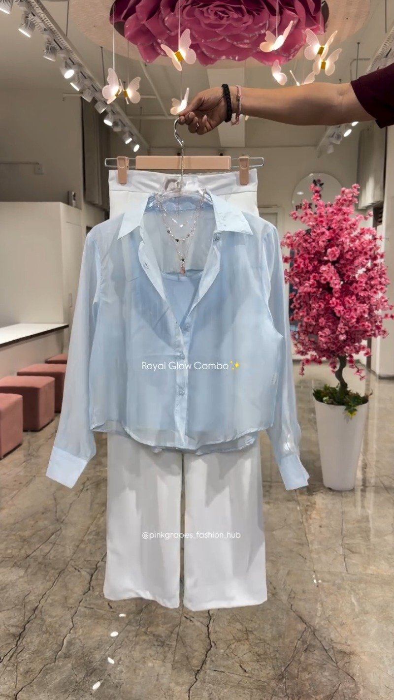 Royal Glow Organza Shirt & Pant Co-ord Set – Available in Pink, Beige, Blue & Sage Green - Image 3