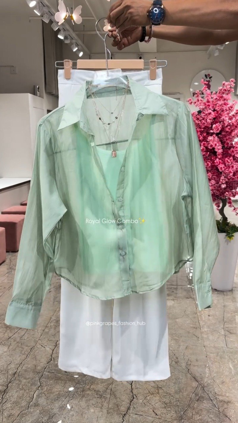 Royal Glow Organza Shirt & Pant Co-ord Set – Available in Pink, Beige, Blue & Sage Green - Image 4