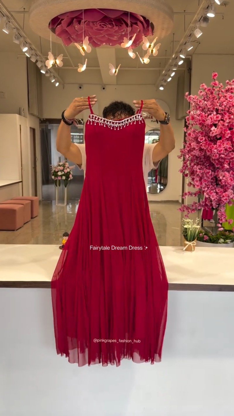 Ethereal Pleated Flare Embellished Gown – Available in Crimson, Dusty Rose, Ivory, Jet Black & Powder Blue