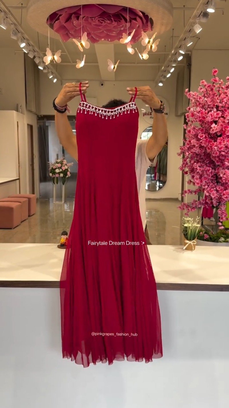 Ethereal Pleated Flare Embellished Gown – Available in Crimson, Dusty Rose, Ivory, Jet Black & Powder Blue - Image 2