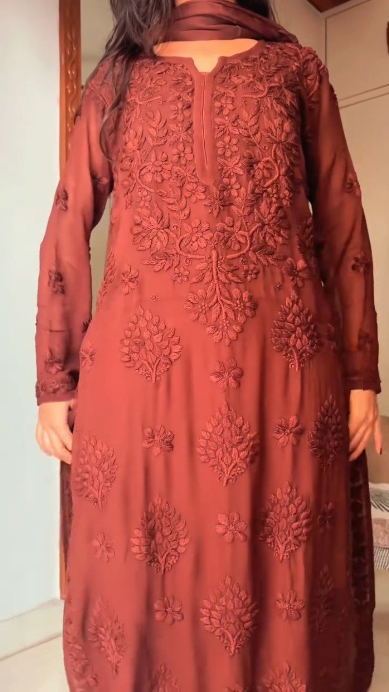 Rust Maroon Hand-Embroidered Chiffon Chikankari Kurta – Elegance in Monochrome