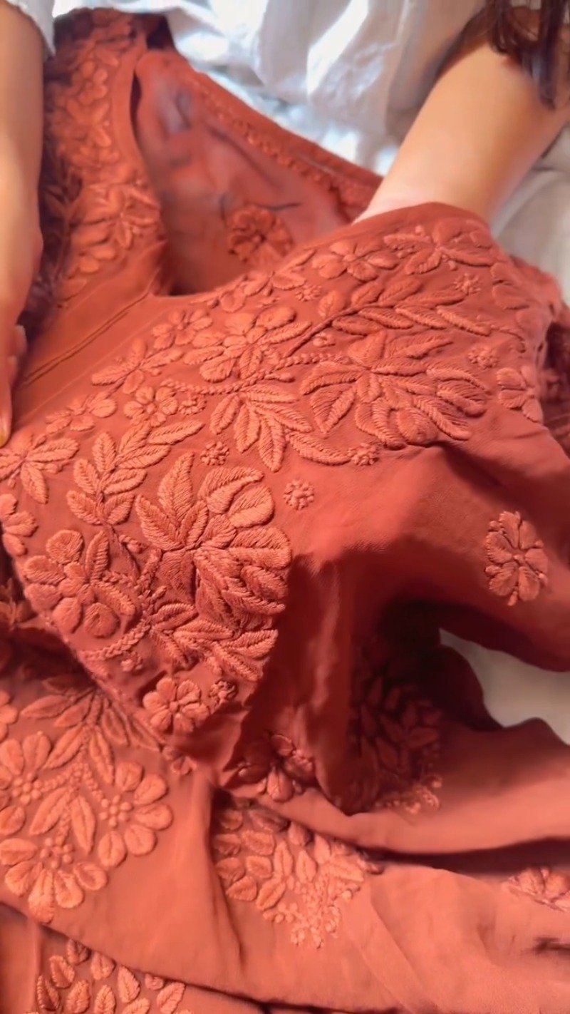 Rust Maroon Hand-Embroidered Chiffon Chikankari Kurta – Elegance in Monochrome - Image 2