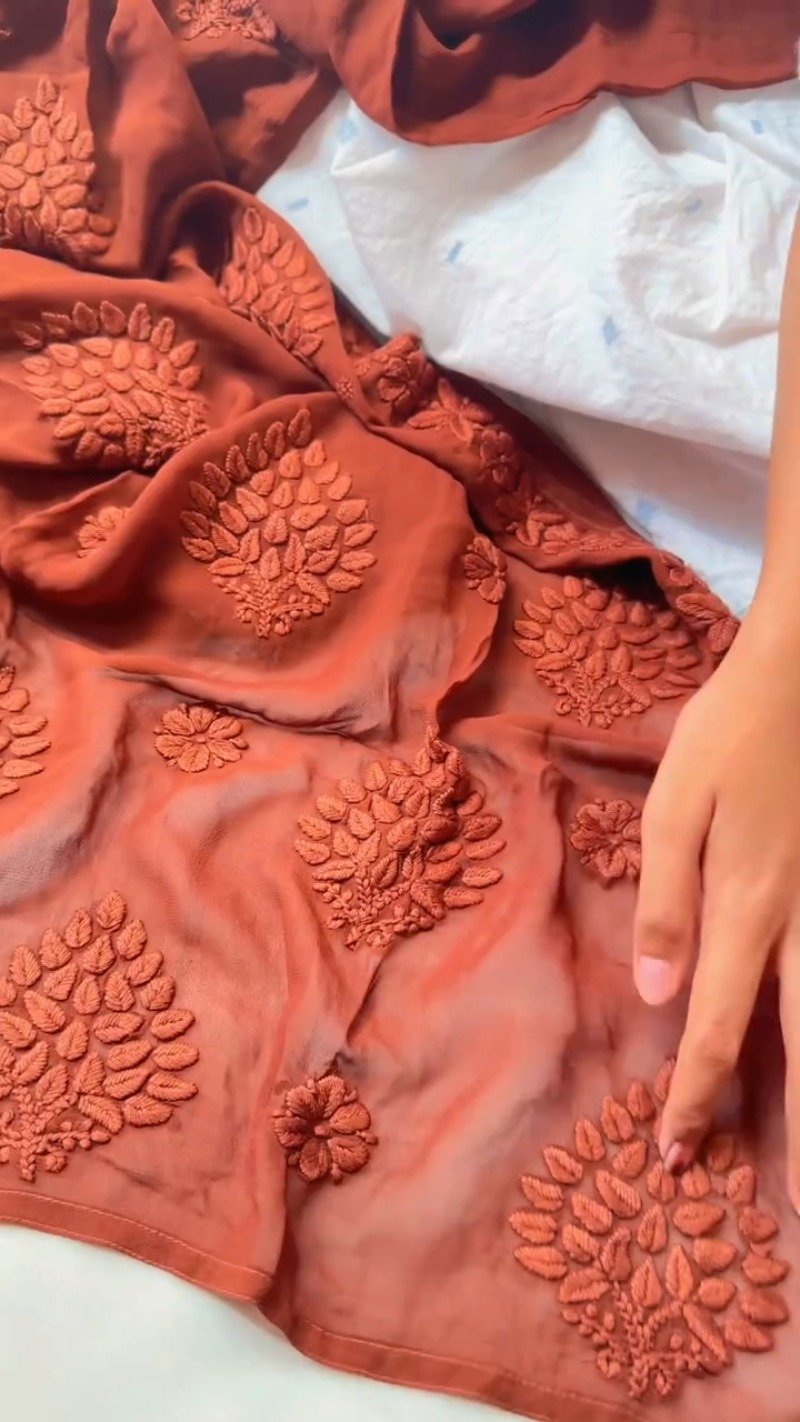 Rust Maroon Hand-Embroidered Chiffon Chikankari Kurta – Elegance in Monochrome - Image 3