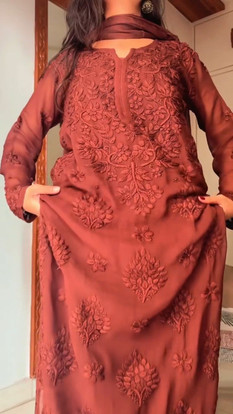 Rust Maroon Hand-Embroidered Chiffon Chikankari Kurta – Elegance in Monochrome - Image 5