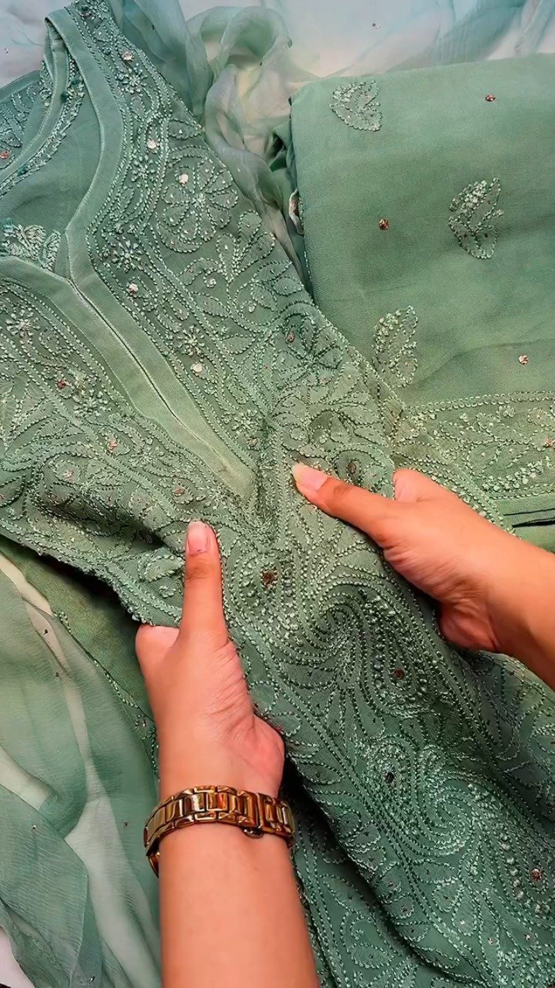 Ethereal Sage Green Chikankari & Mirror-Work Kurta Set