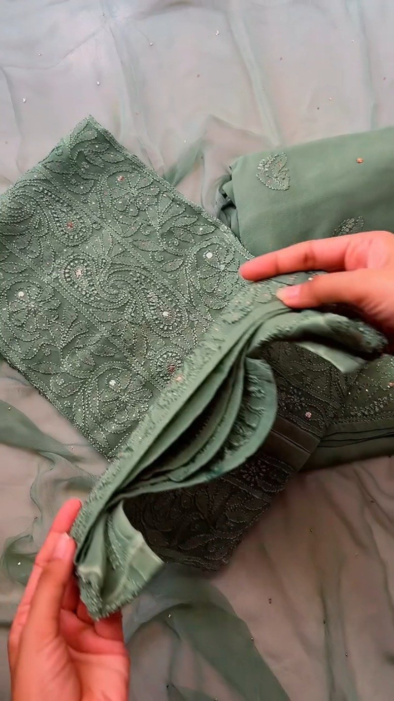 Ethereal Sage Green Chikankari & Mirror-Work Kurta Set - Image 2