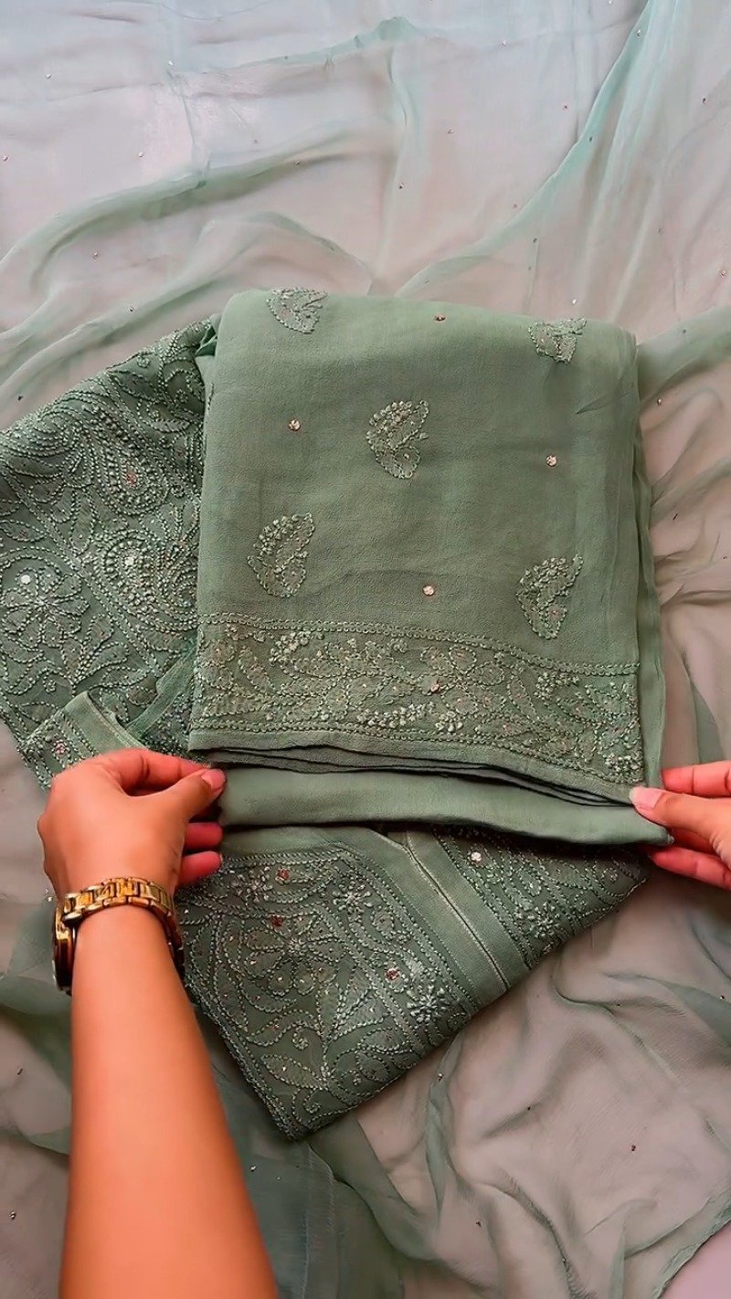 Ethereal Sage Green Chikankari & Mirror-Work Kurta Set - Image 3