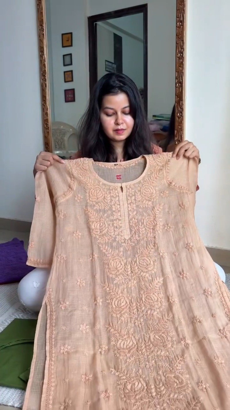 Elegant Chikankari Hand-Embroidered Kurta – Available in Peach, Crimson Red & Pastel Pink