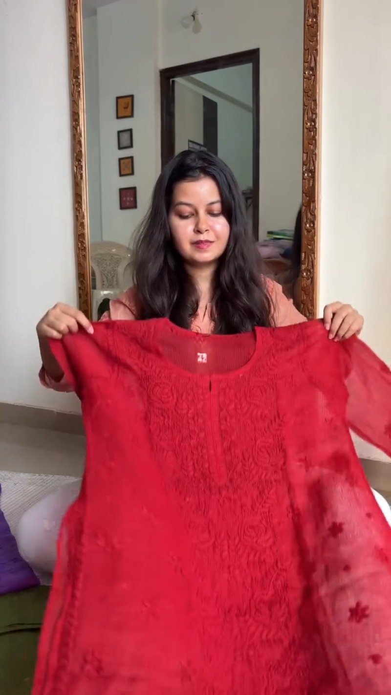 Elegant Chikankari Hand-Embroidered Kurta – Available in Peach, Crimson Red & Pastel Pink - Image 2