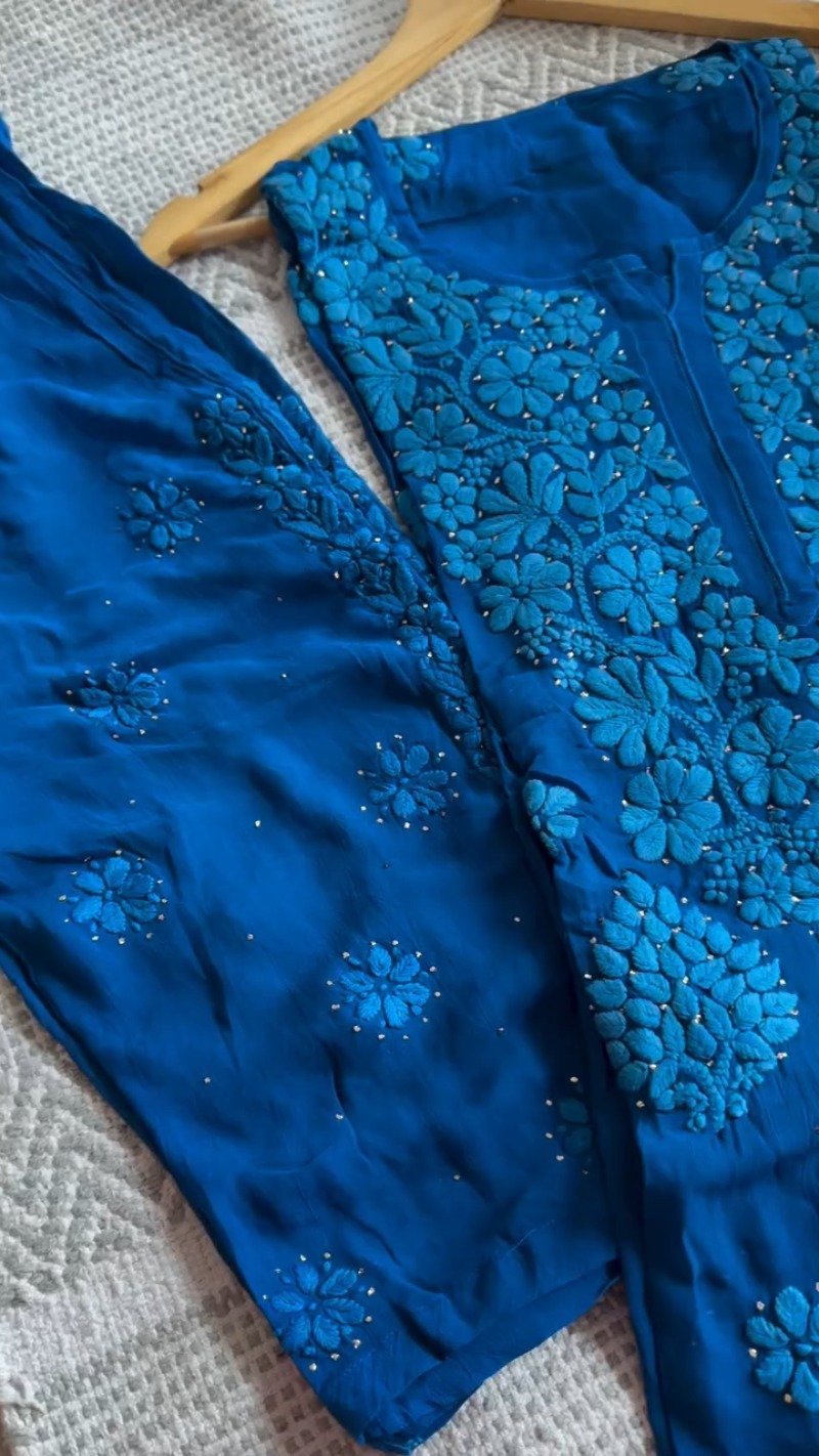 Exquisite Lucknowi Chikankari Hand-Embroidered Kurta Set – Available in Pristine White & Royal Sapphire Blue - Image 3