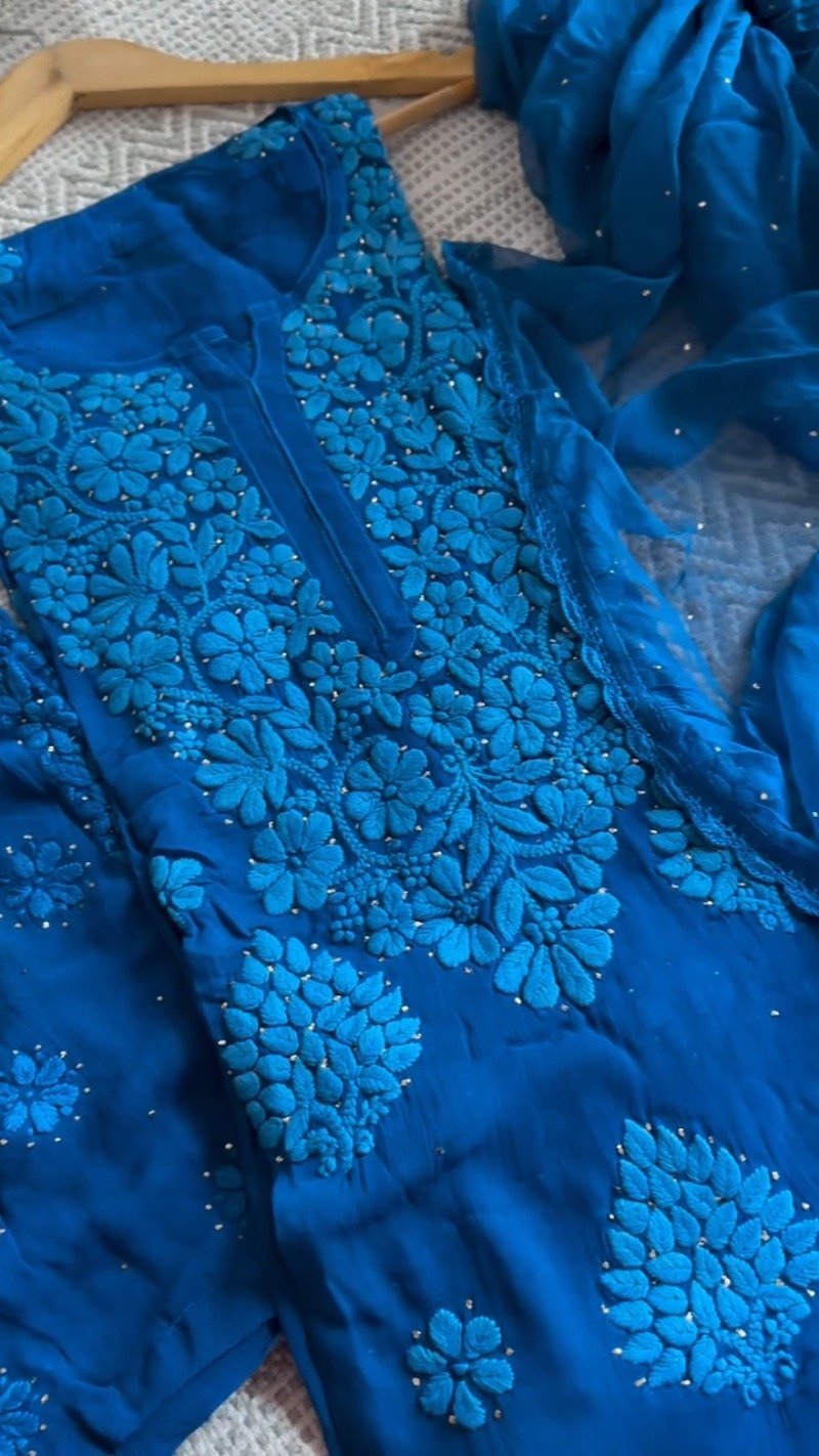 Exquisite Lucknowi Chikankari Hand-Embroidered Kurta Set – Available in Pristine White & Royal Sapphire Blue - Image 4
