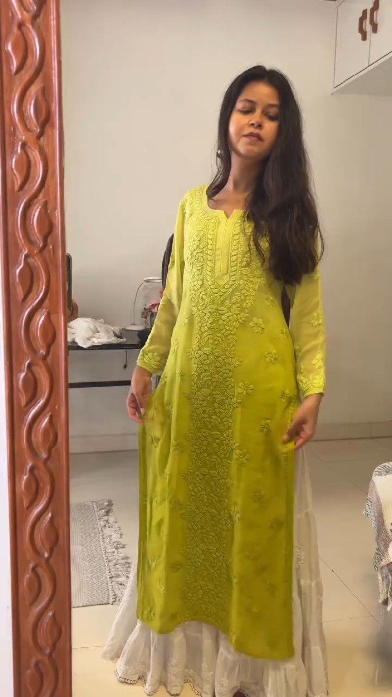 Chikankari Elegance Kurta and Flare Skirt Ensemble – Available in Lime Green & Hot Pink