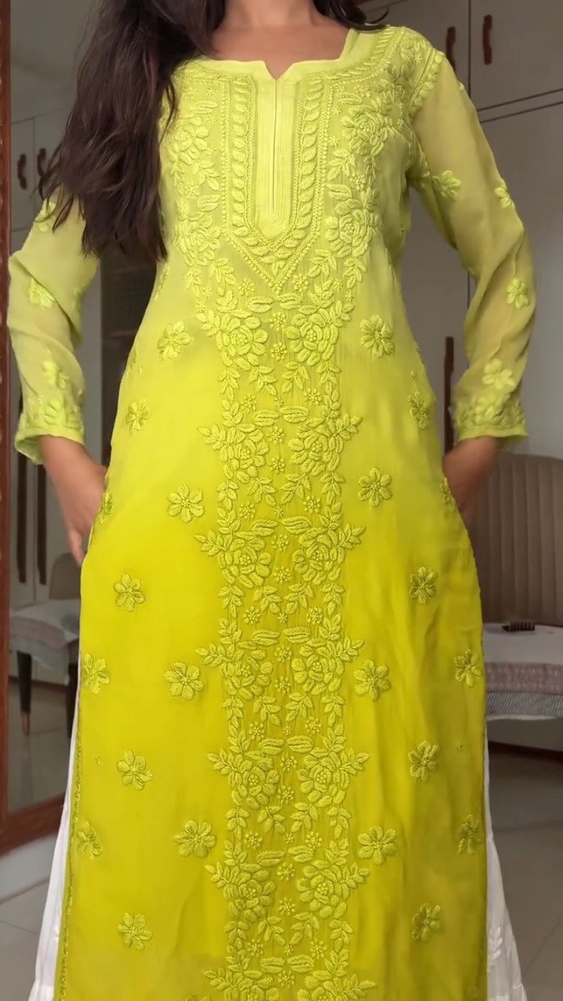 Chikankari Elegance Kurta and Flare Skirt Ensemble – Available in Lime Green & Hot Pink - Image 2