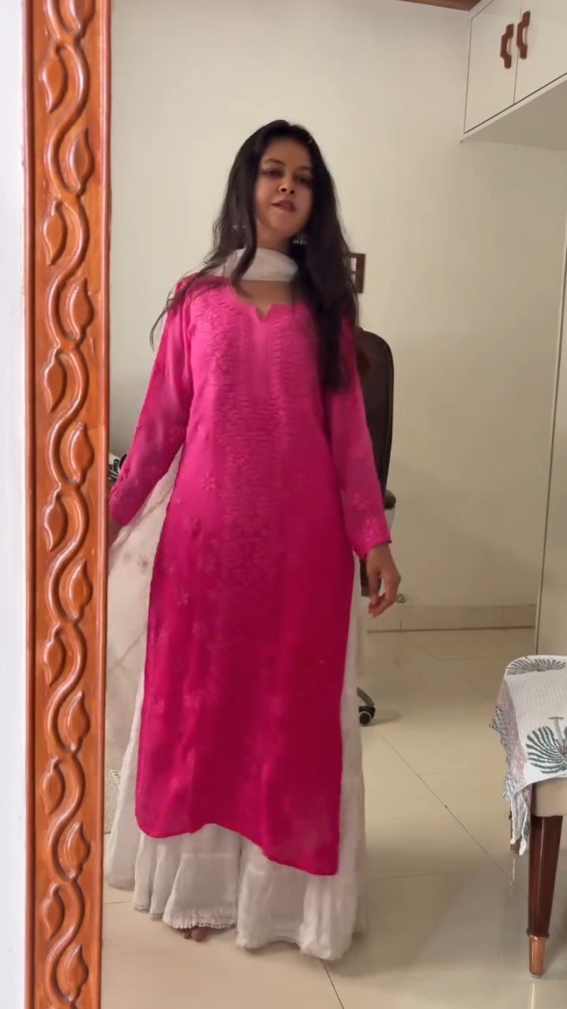 Chikankari Elegance Kurta and Flare Skirt Ensemble – Available in Lime Green & Hot Pink - Image 4