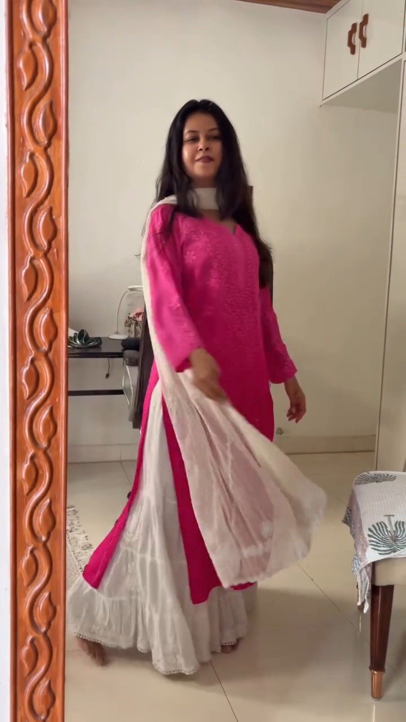 Chikankari Elegance Kurta and Flare Skirt Ensemble – Available in Lime Green & Hot Pink - Image 5