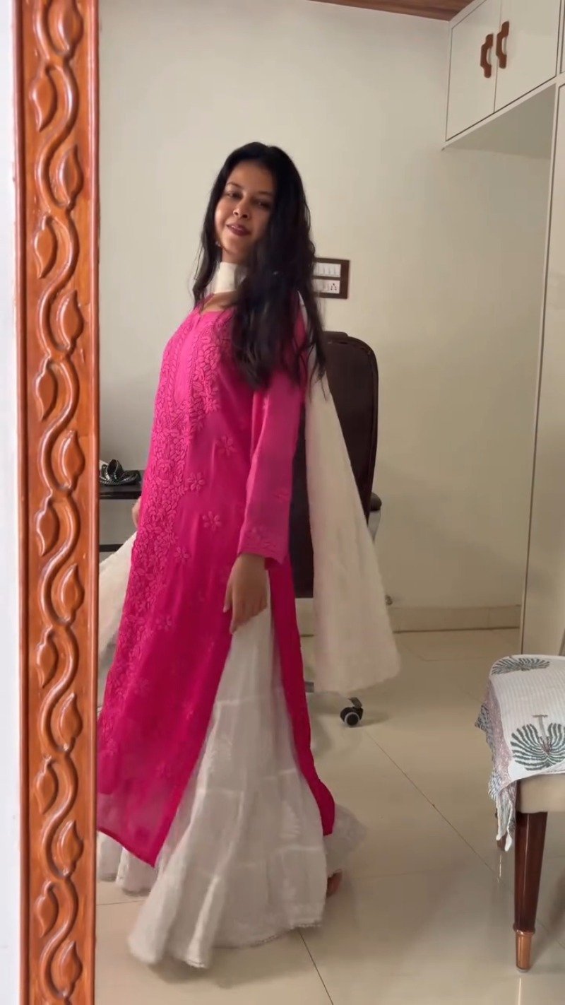 Chikankari Elegance Kurta and Flare Skirt Ensemble – Available in Lime Green & Hot Pink - Image 6