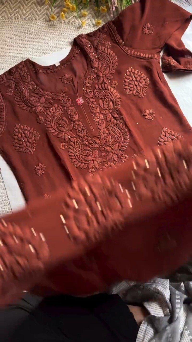 Chikankari Inspired Embroidered Georgette Kurta – Available in Magenta, Rust & Black - Image 2