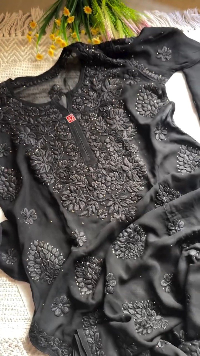 Chikankari Inspired Embroidered Georgette Kurta – Available in Magenta, Rust & Black - Image 3