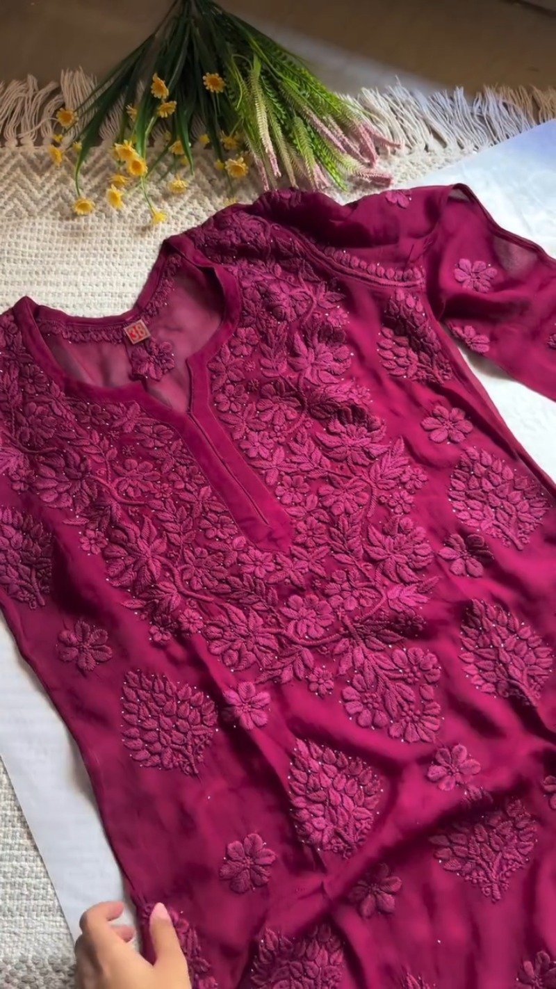 Chikankari Inspired Embroidered Georgette Kurta – Available in Magenta, Rust & Black - Image 4