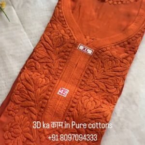 Exquisite 3D Floral Hand-Embroidered Pure Cotton Kurta – Available in Rust, Moss Green, Charcoal Grey, Maroon & Deep Mauve
