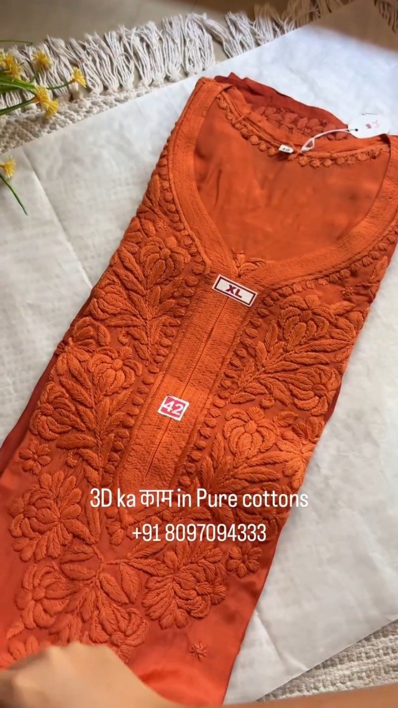 Exquisite 3D Floral Hand-Embroidered Pure Cotton Kurta – Available in Rust, Moss Green, Charcoal Grey, Maroon & Deep Mauve
