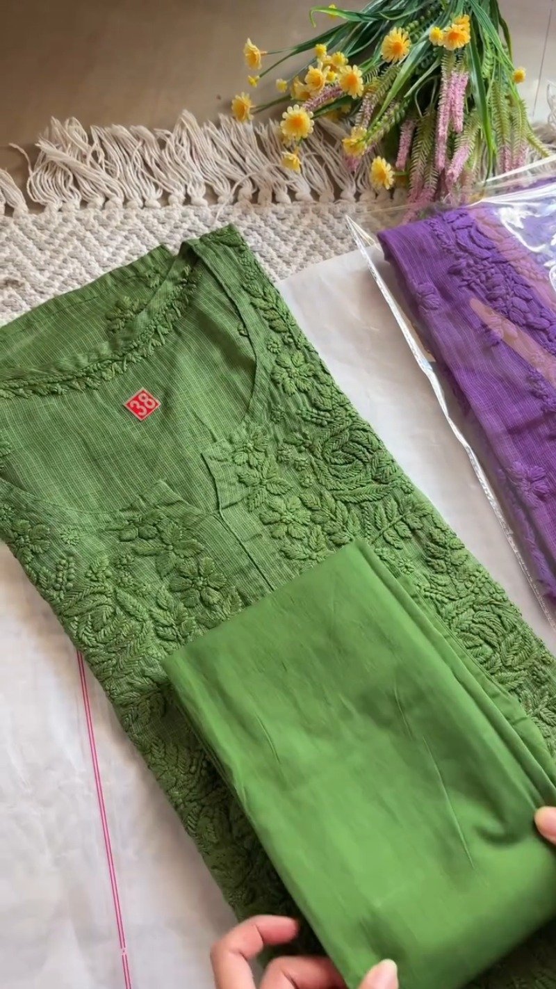 Exquisite Floral Threadwork Kurta Set with Matching Bottoms – Available in Sage Green, Crimson Red & Royal Purple - Image 2