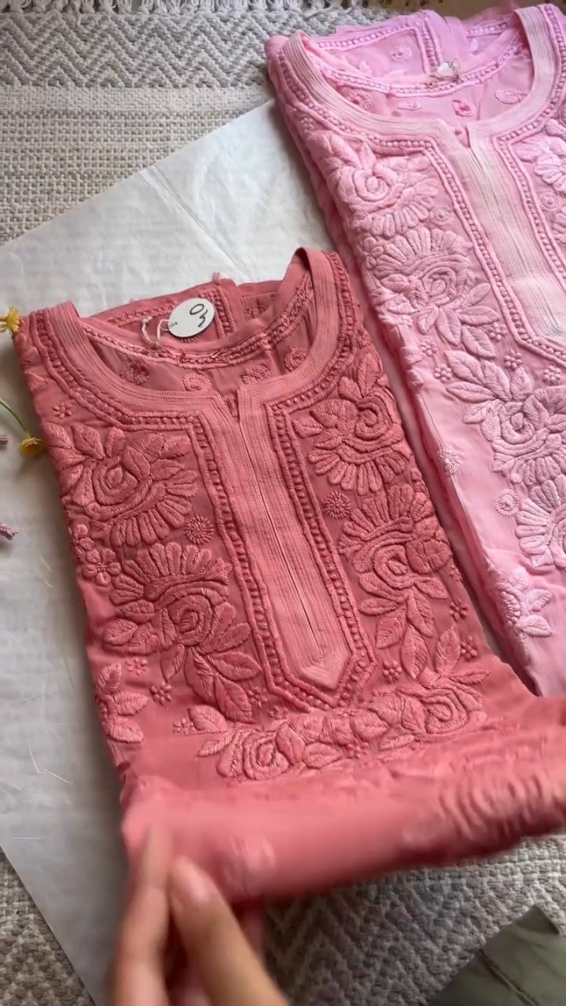 Exquisite Lucknowi Chikankari Hand-Embroidered Kurta – Available in Dusty Rose, Peach & Terracotta - Image 3
