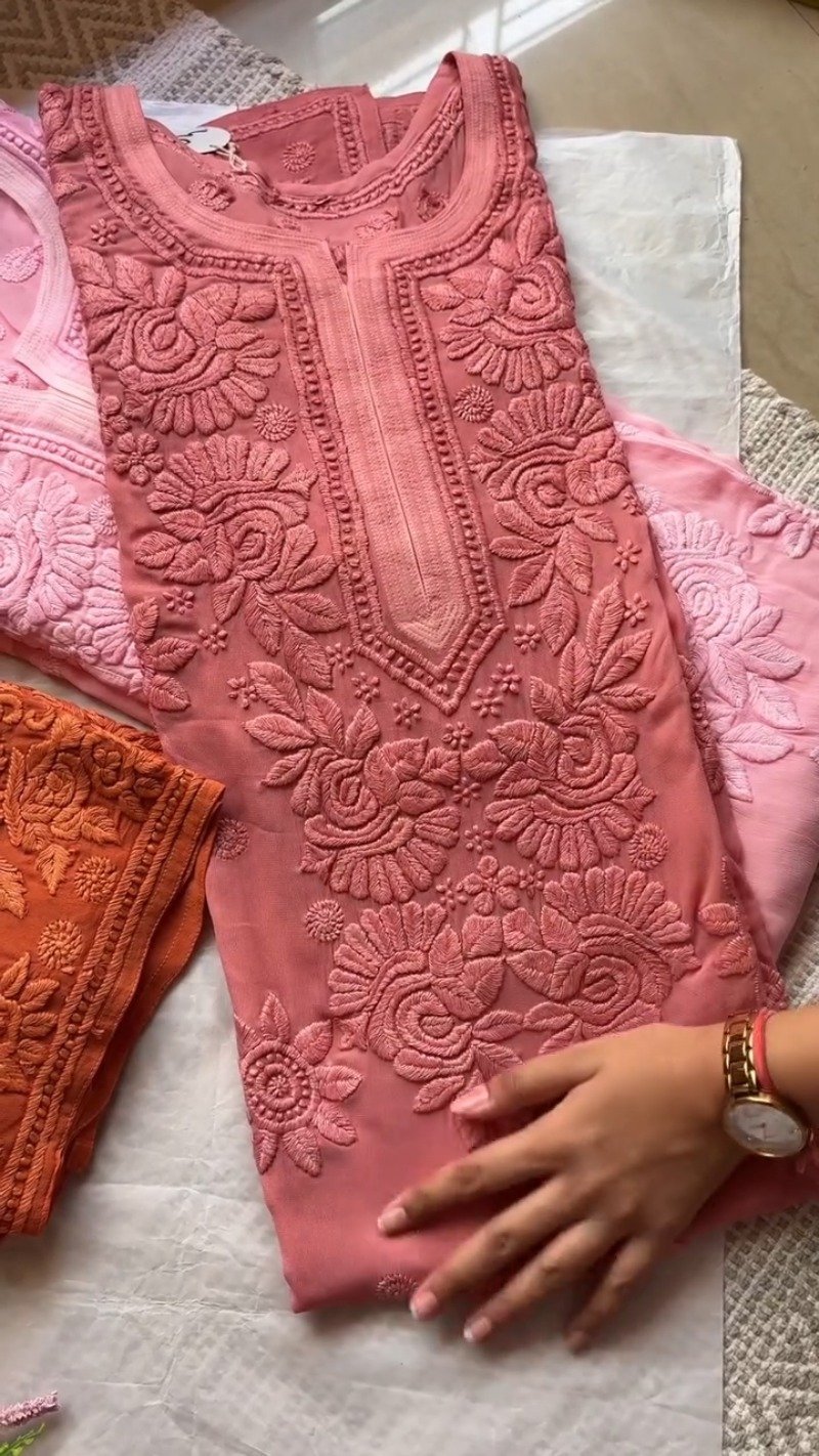 Exquisite Lucknowi Chikankari Hand-Embroidered Kurta – Available in Dusty Rose, Peach & Terracotta - Image 4