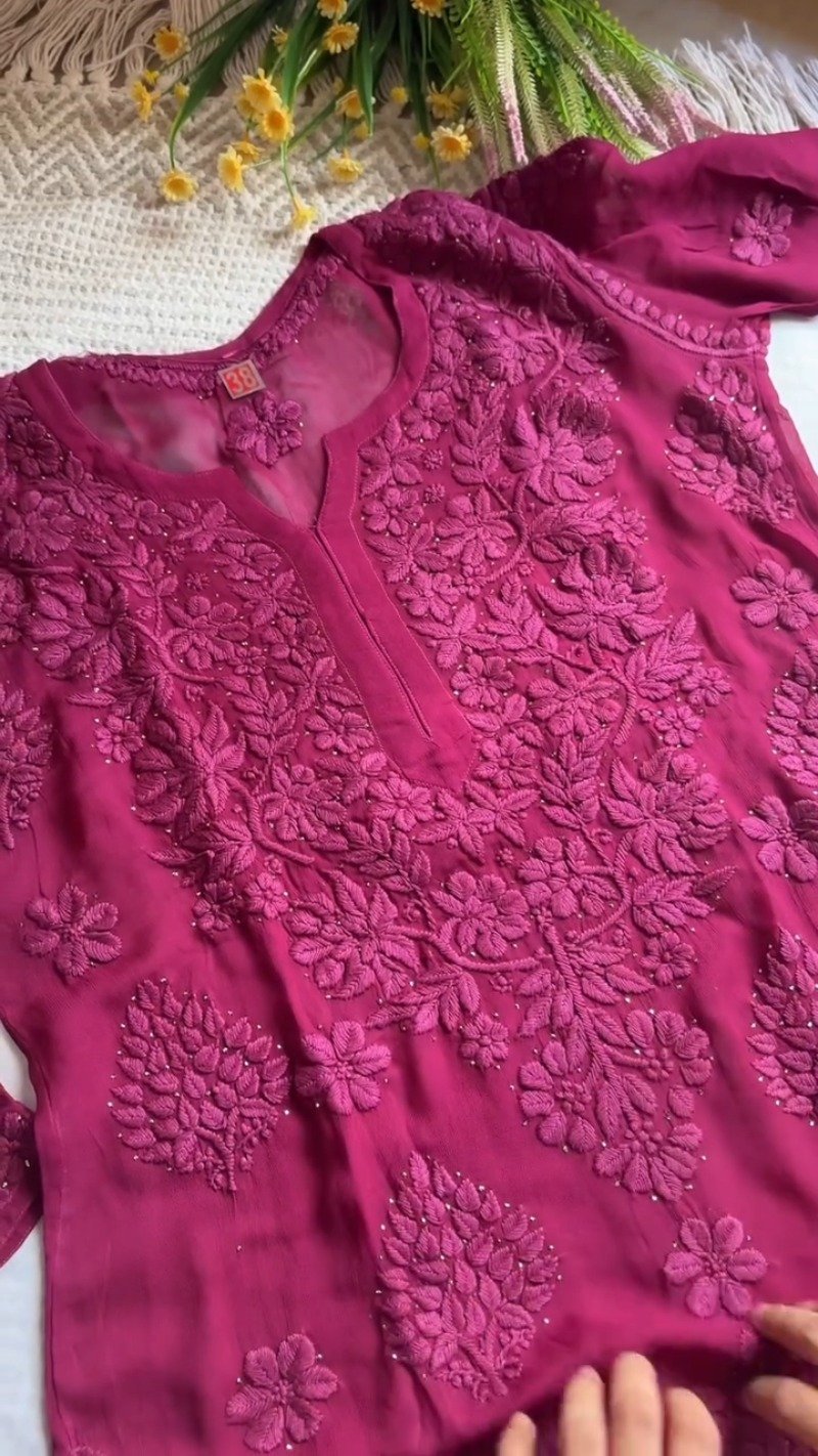 Chikankari Elegance Hand-Embroidered Georgette Kurta – Available in Plum, Black & Rust Orange