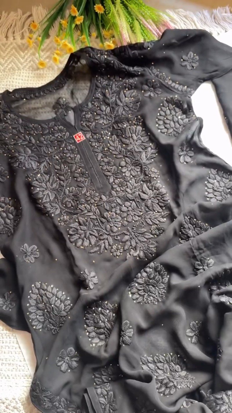 Chikankari Elegance Hand-Embroidered Georgette Kurta – Available in Plum, Black & Rust Orange - Image 2