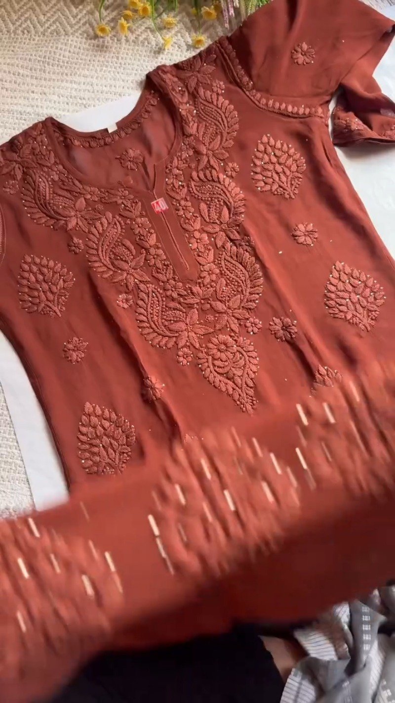 Chikankari Elegance Hand-Embroidered Georgette Kurta – Available in Plum, Black & Rust Orange - Image 3